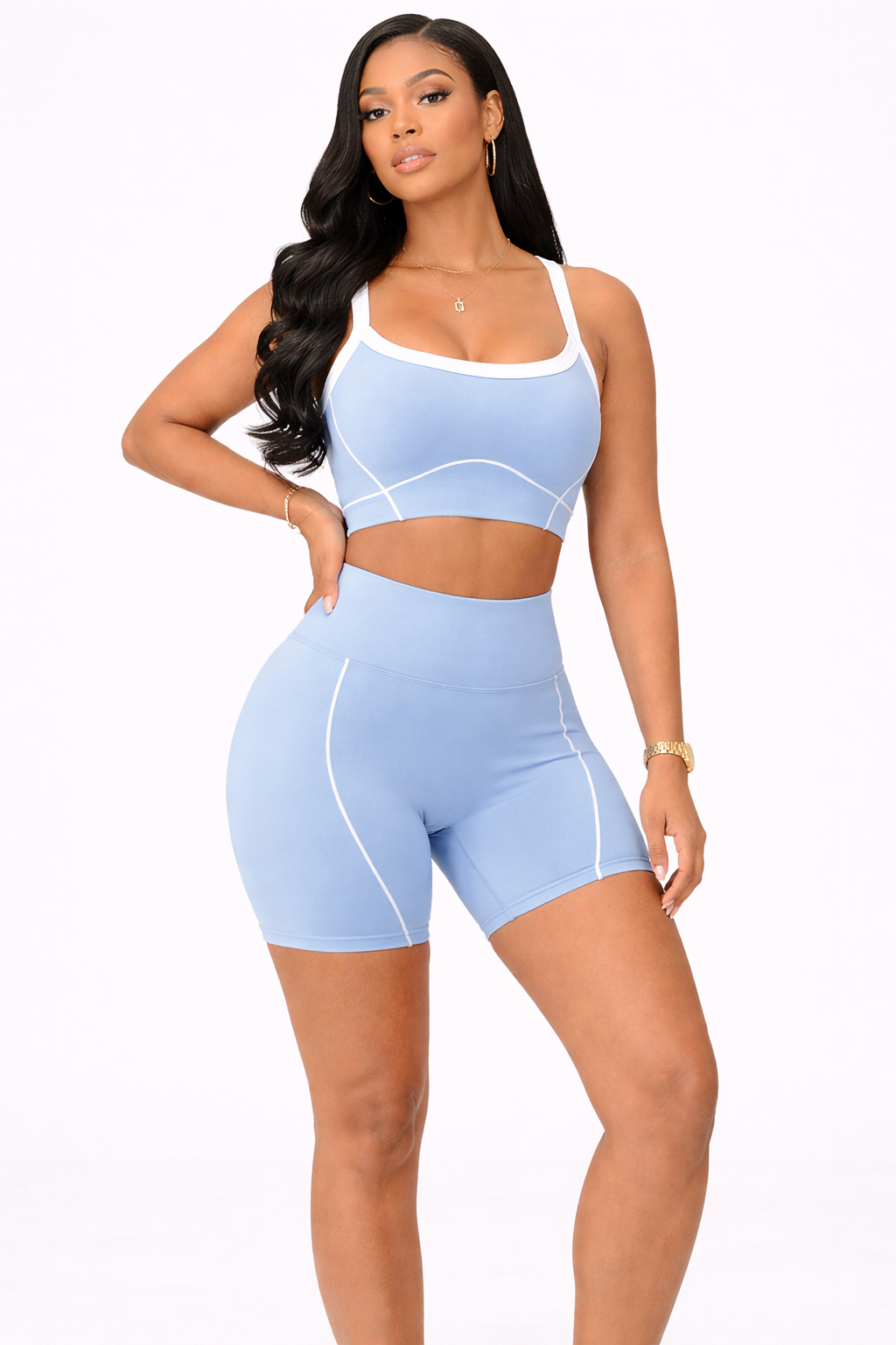 Premium active wear white contrast crop top with shorts set