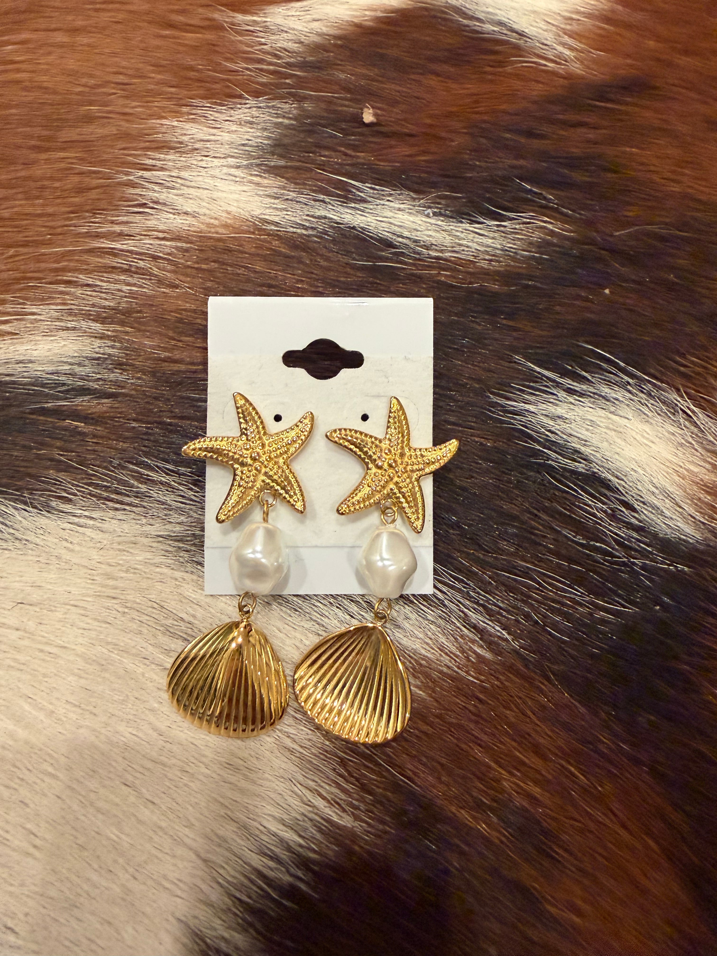 Golden Starfish Pearl Drop Earrings