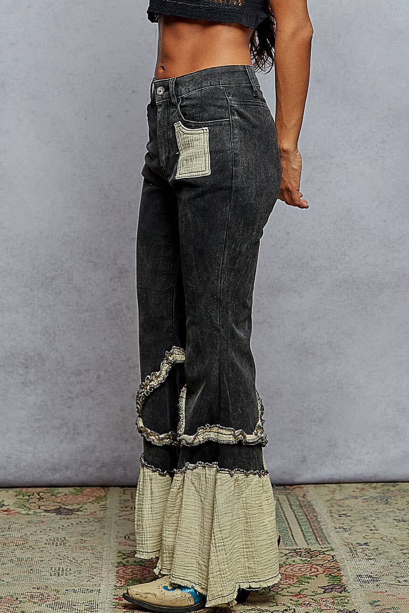 Vintage Washing Solid Double Gauze Ruffle Twill Pants