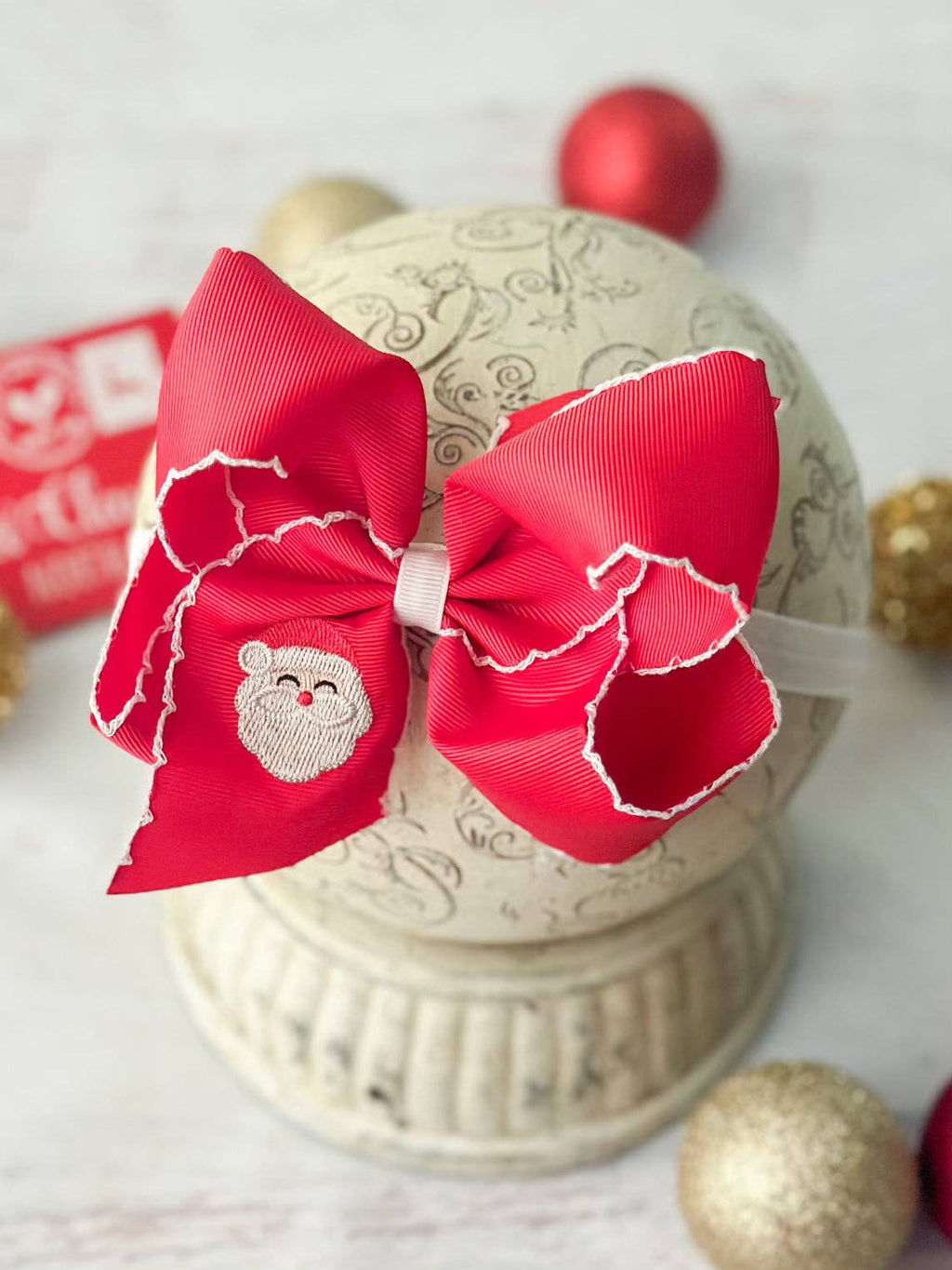 Santa Embroidered Hair Bow | Clip or Headband