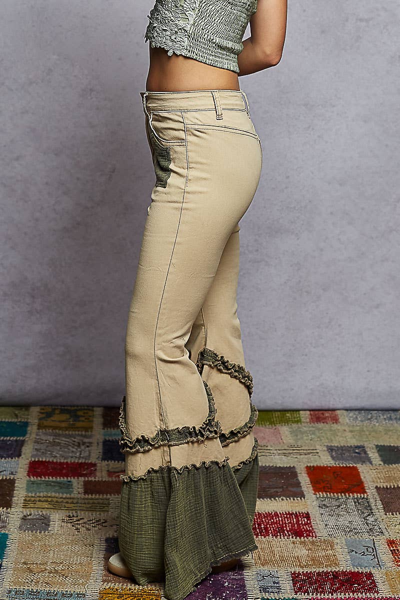 Vintage Washing Solid Double Gauze Ruffle Twill Pants