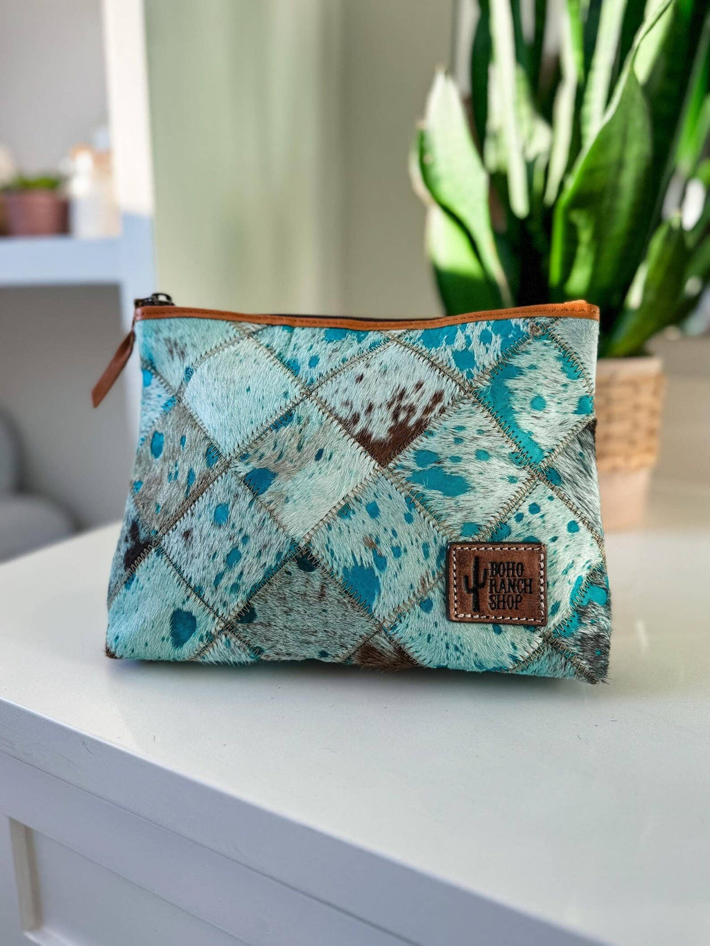 Checkered Western Cowhide Makeup Bag Travel