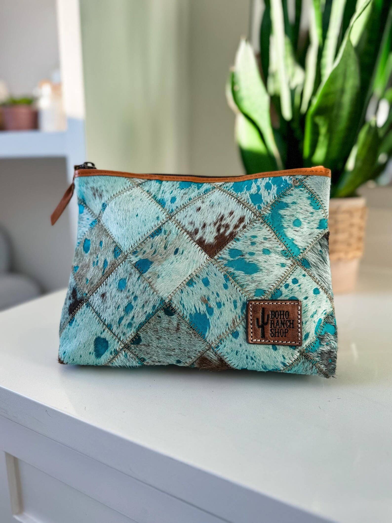 Checkered Western Cowhide Makeup Bag Travel