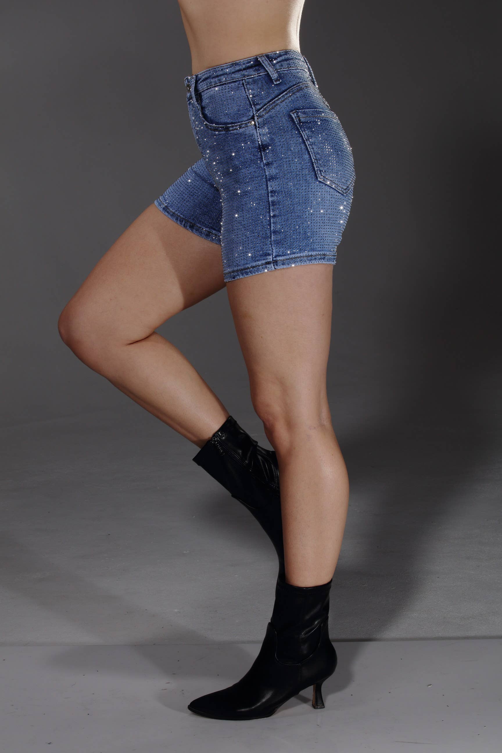 NR3504 medium blue full stone embellished shorts