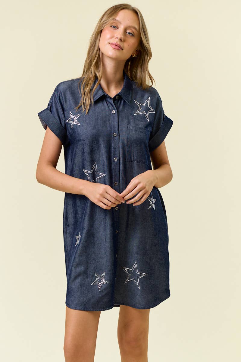 STAR STUDDED TENCEL SHIRT DRESS - 28102D