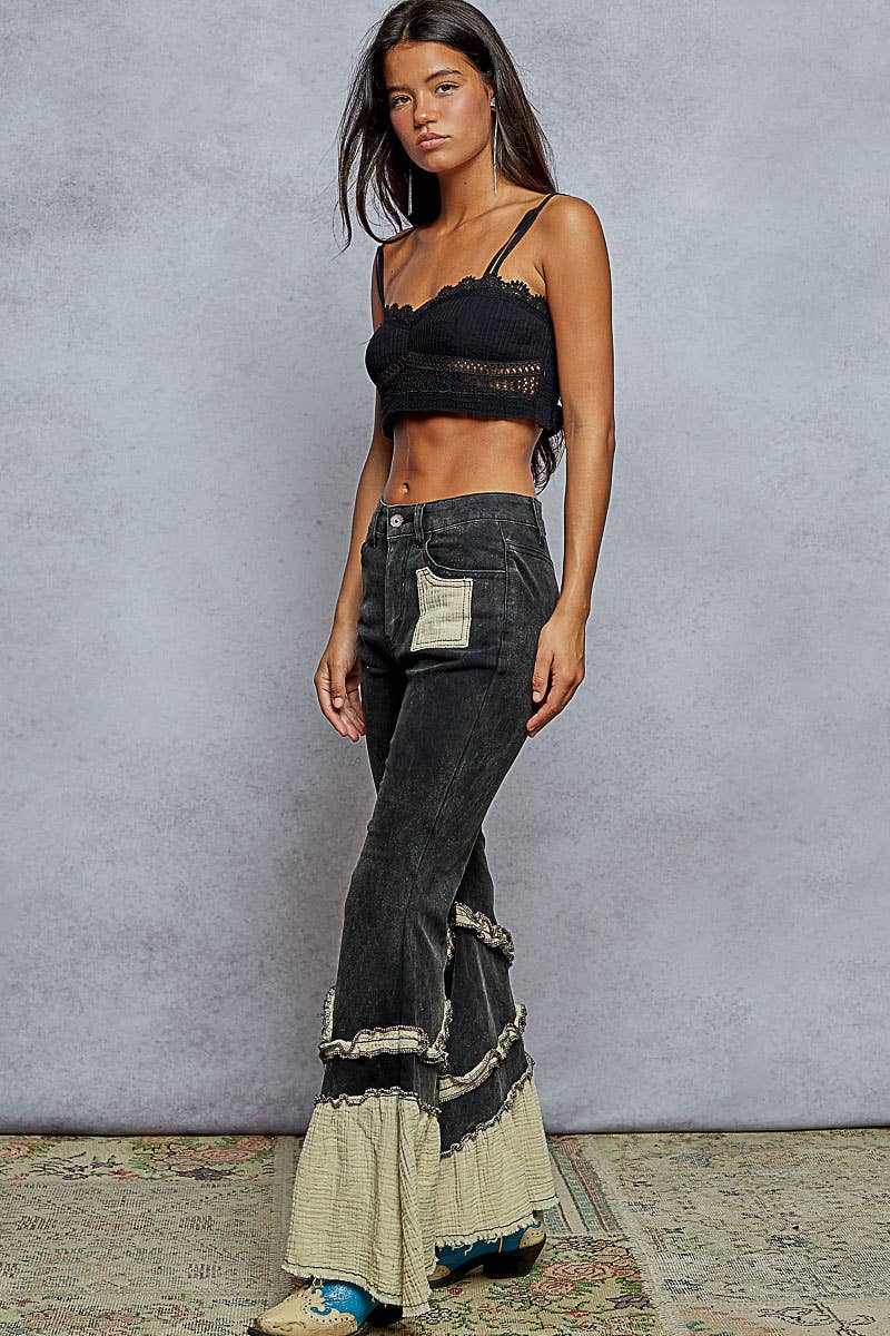 Vintage Washing Solid Double Gauze Ruffle Twill Pants
