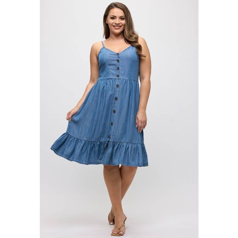 PLUS SIZE DENIM TENCEL BUTTON FRONT RUFFLE HEM MINI DRESS
