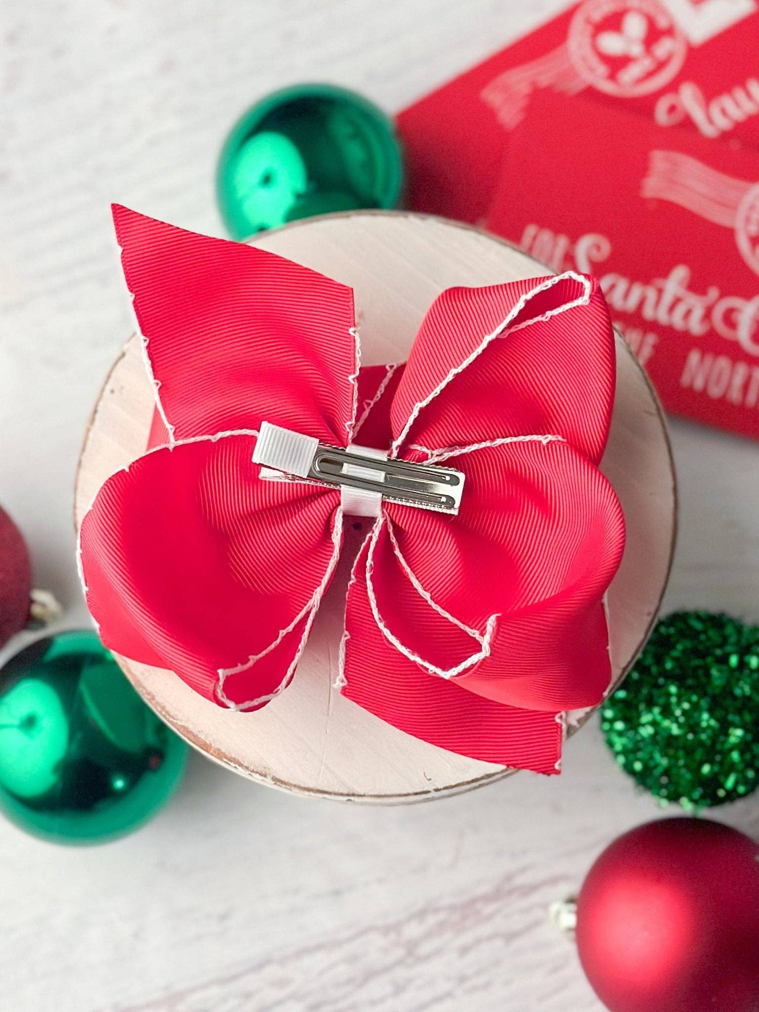 Santa Embroidered Hair Bow | Clip or Headband