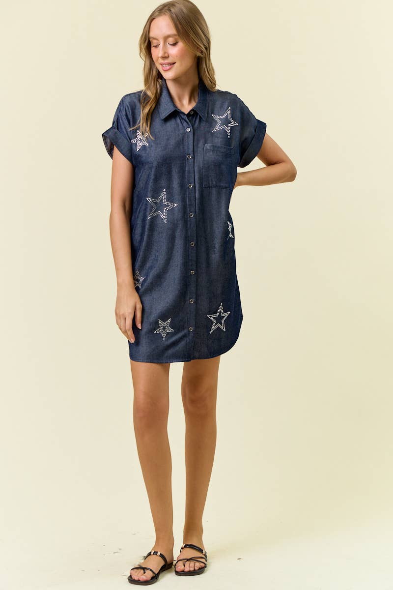 STAR STUDDED TENCEL SHIRT DRESS - 28102D