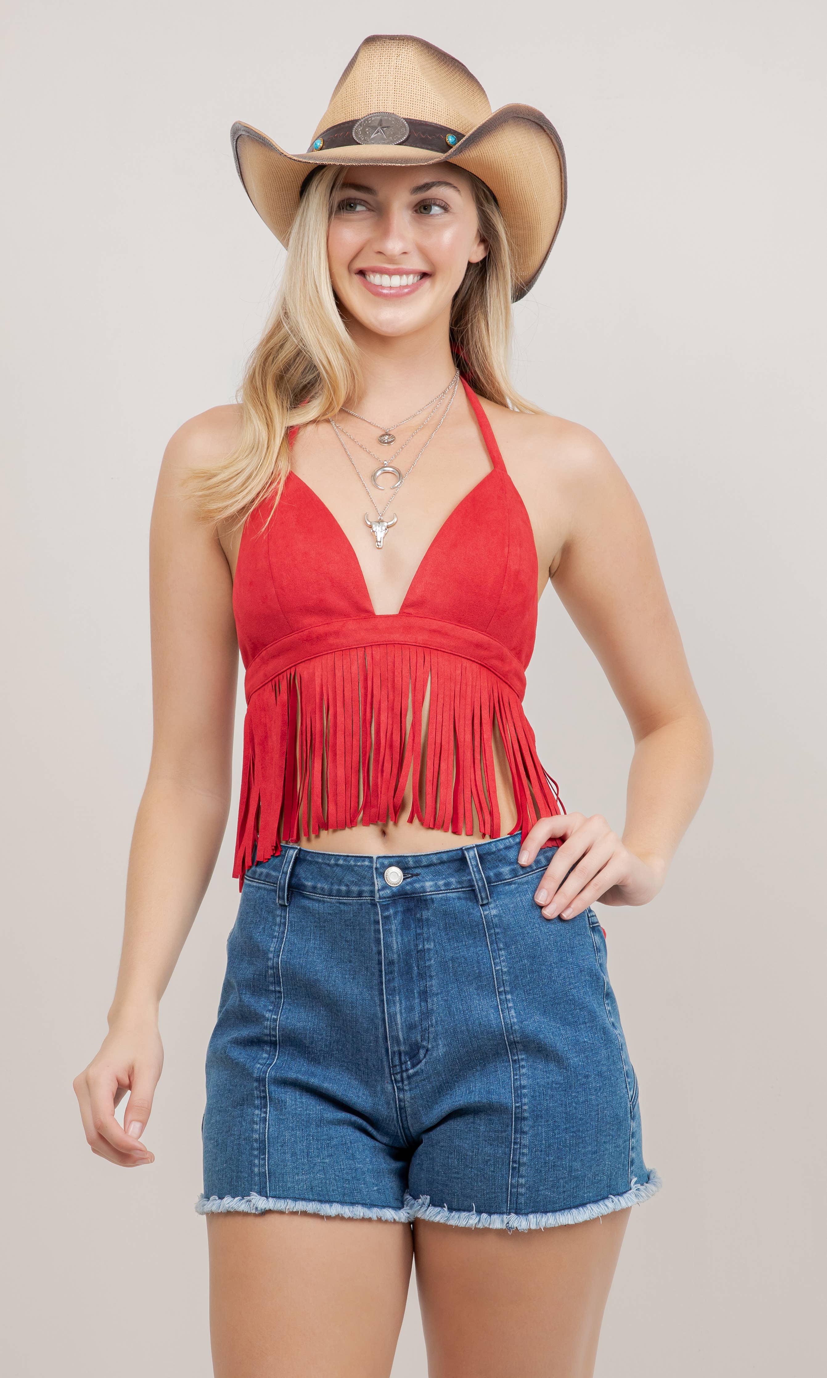 SIT7209A RED SHORT FRINGE FAUX SUEDE HALTER CROP TOP