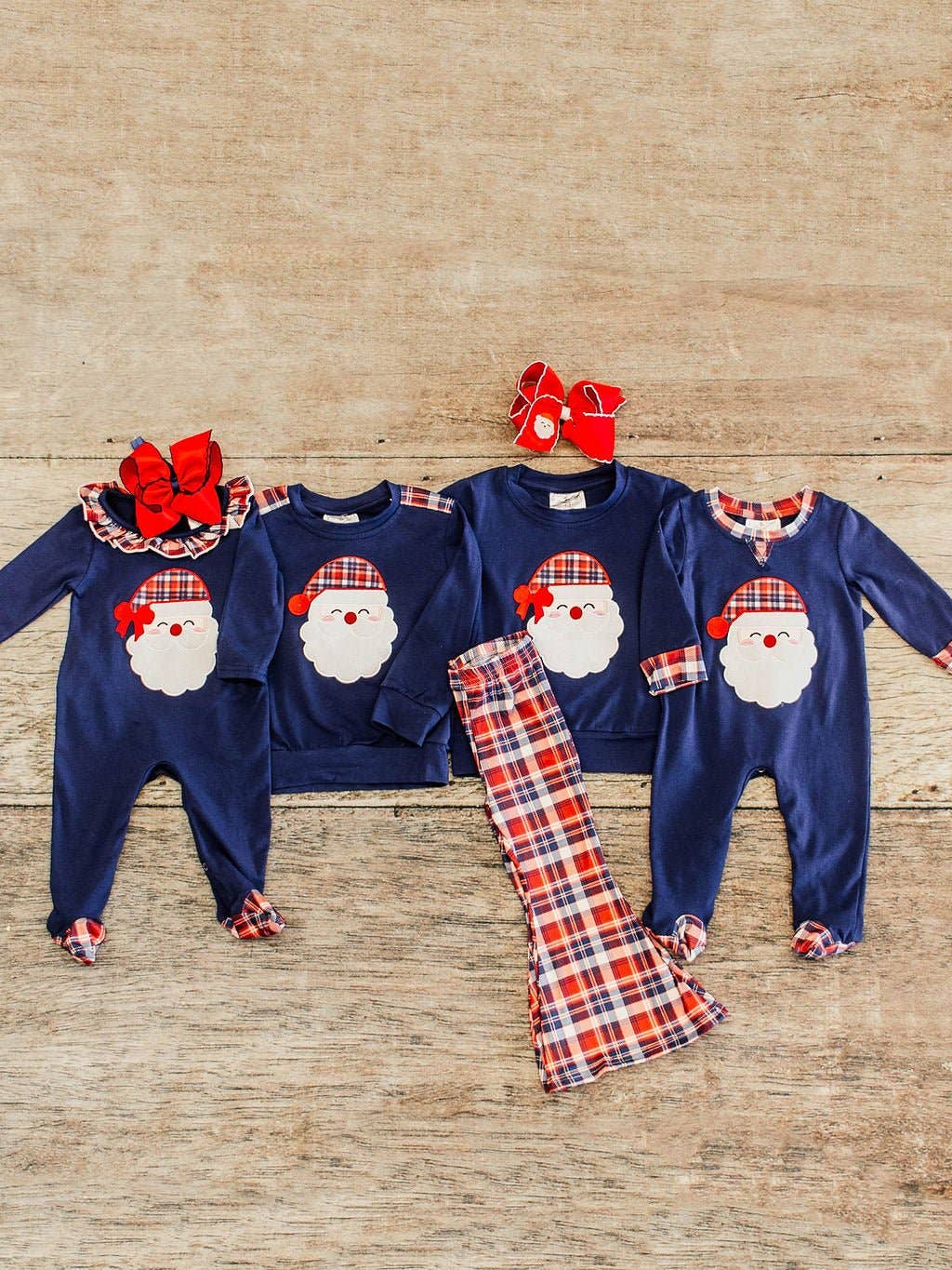 Navy Plaid Santa Girls Bell Bottom Set
