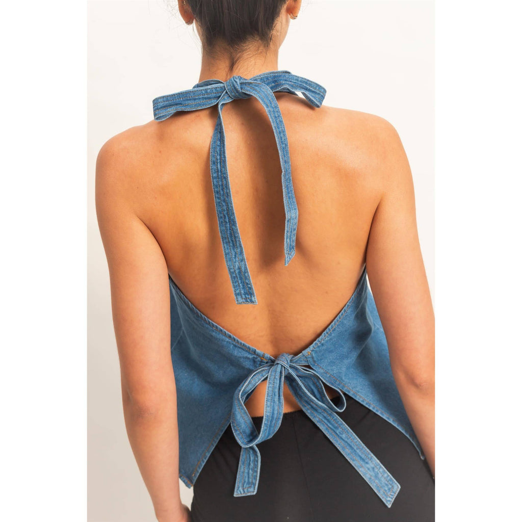 Denim Back Tie Halter Vest