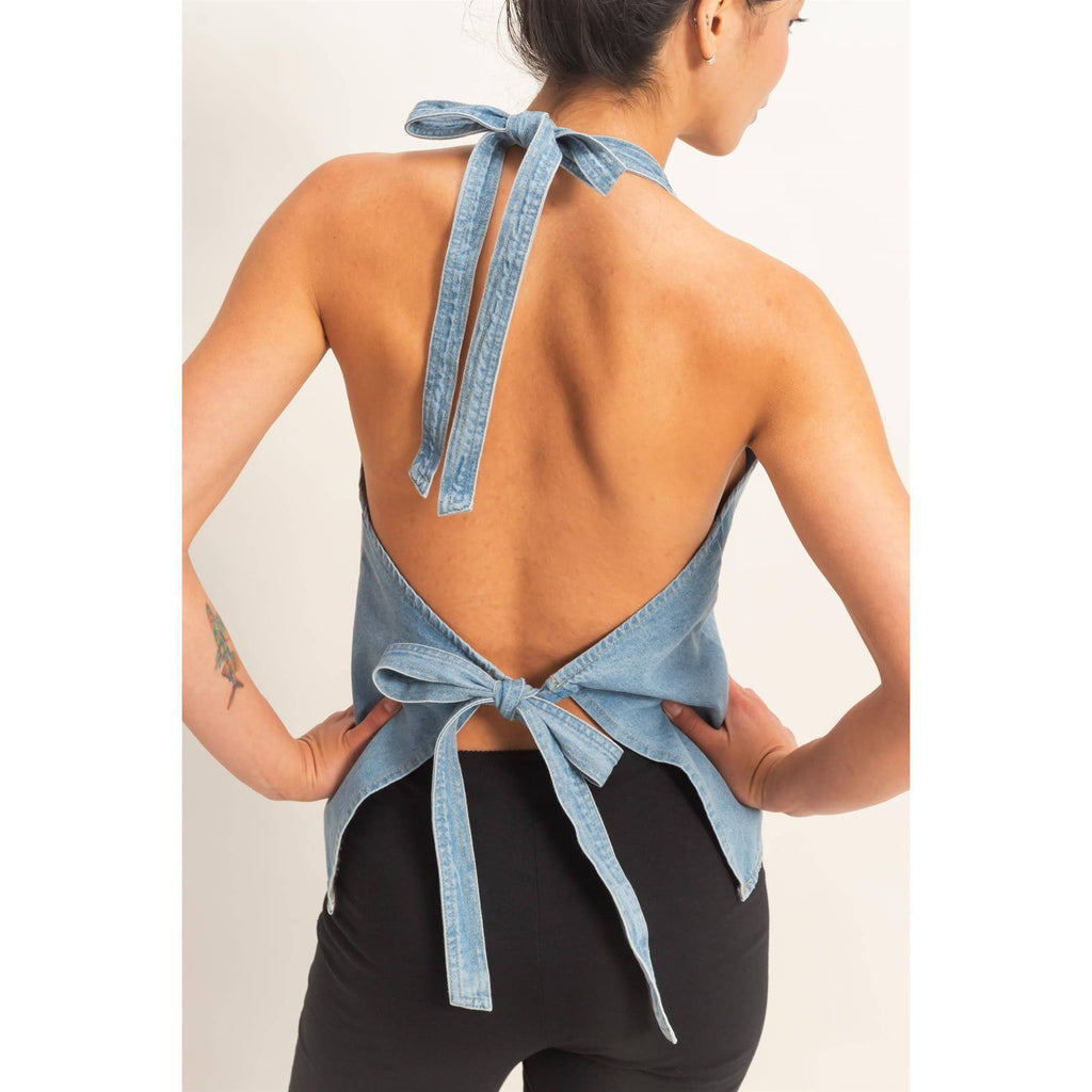 Denim Back Tie Halter Vest
