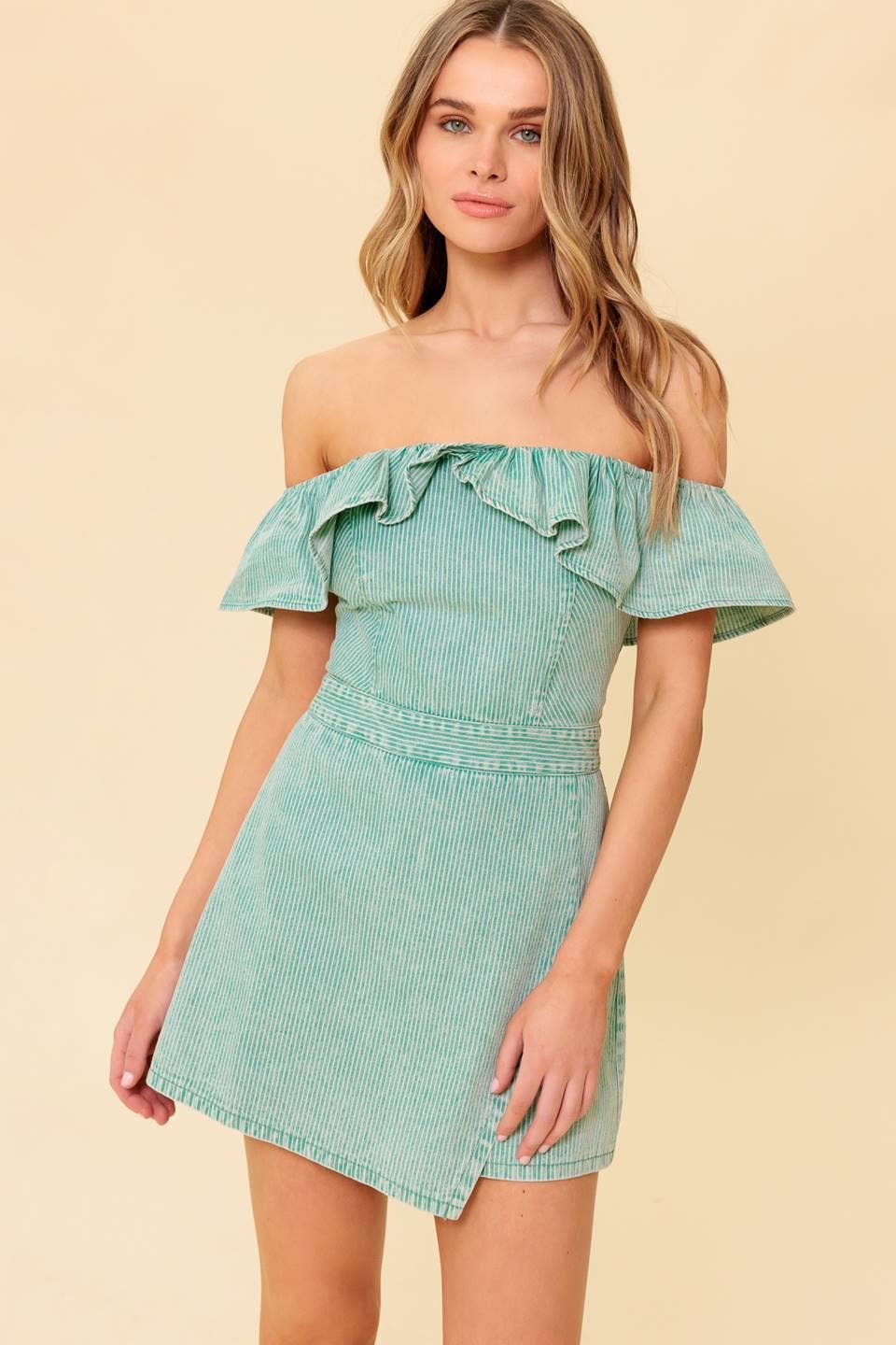 A washed striped woven romper