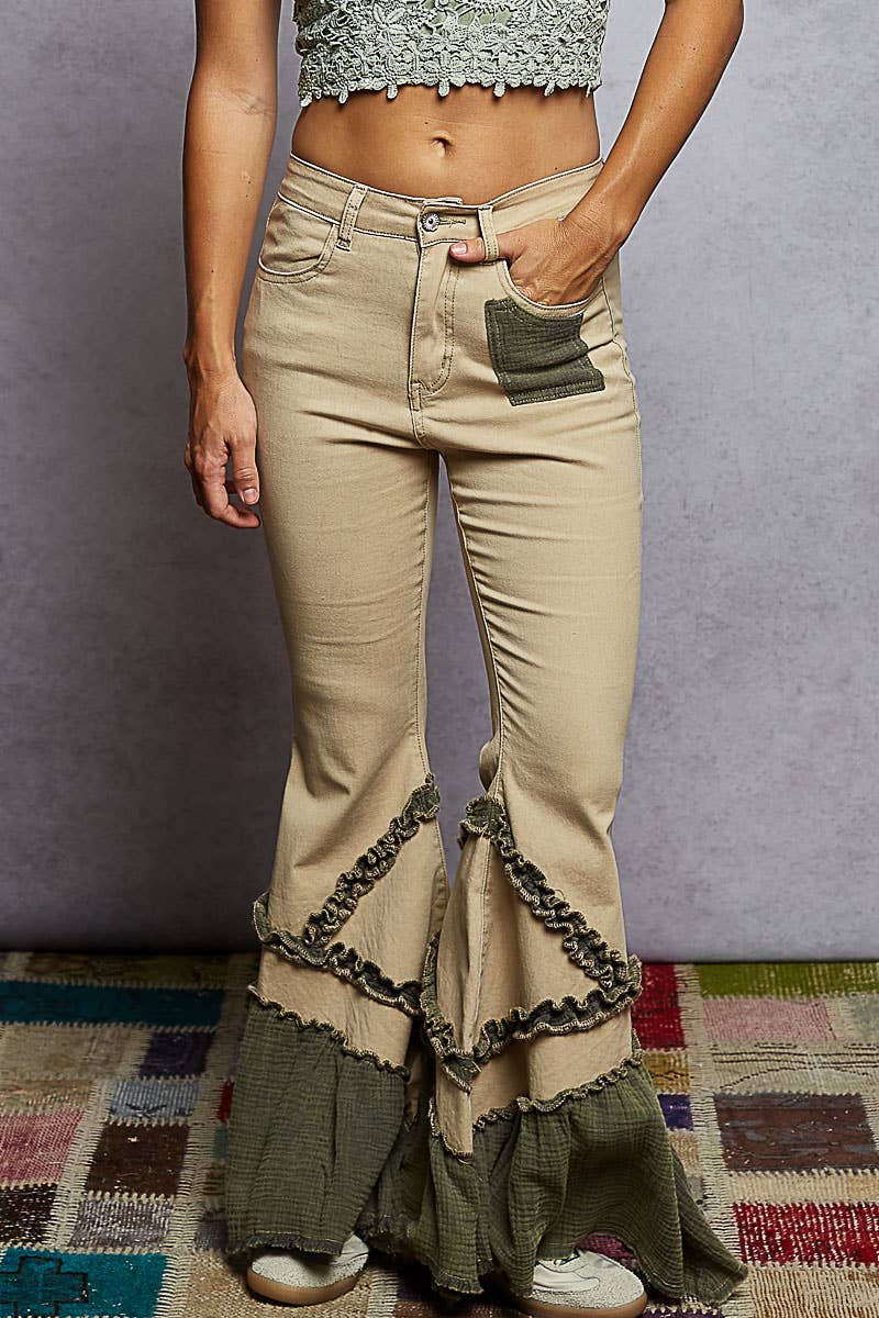 Vintage Washing Solid Double Gauze Ruffle Twill Pants