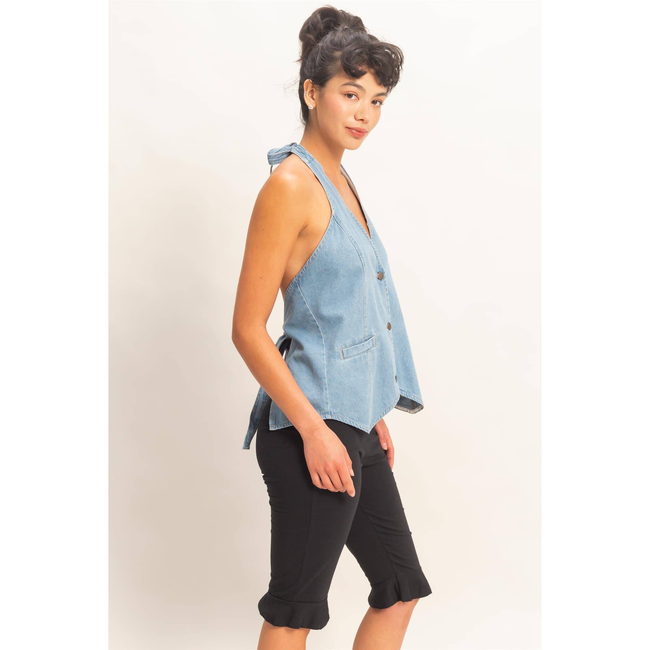 Denim Back Tie Halter Vest