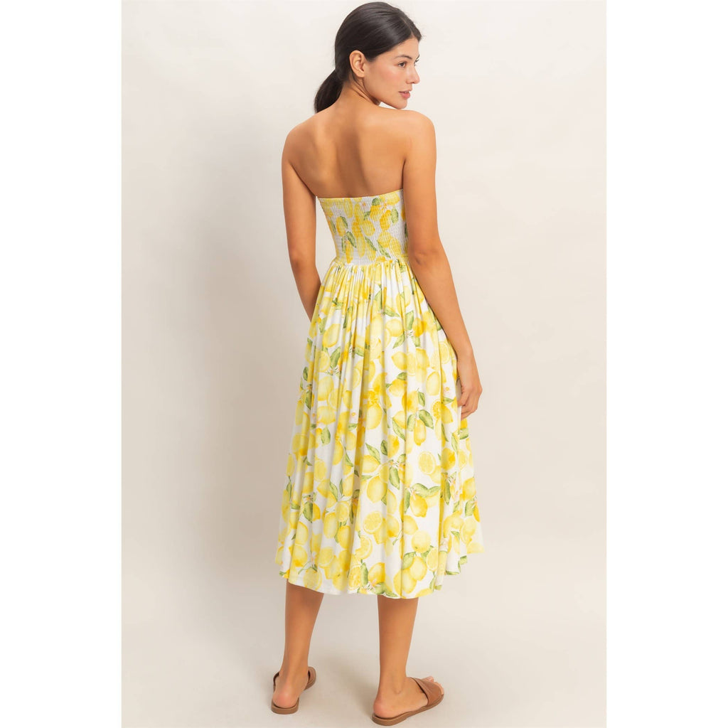Strapless Lemon-Print Midi Dress