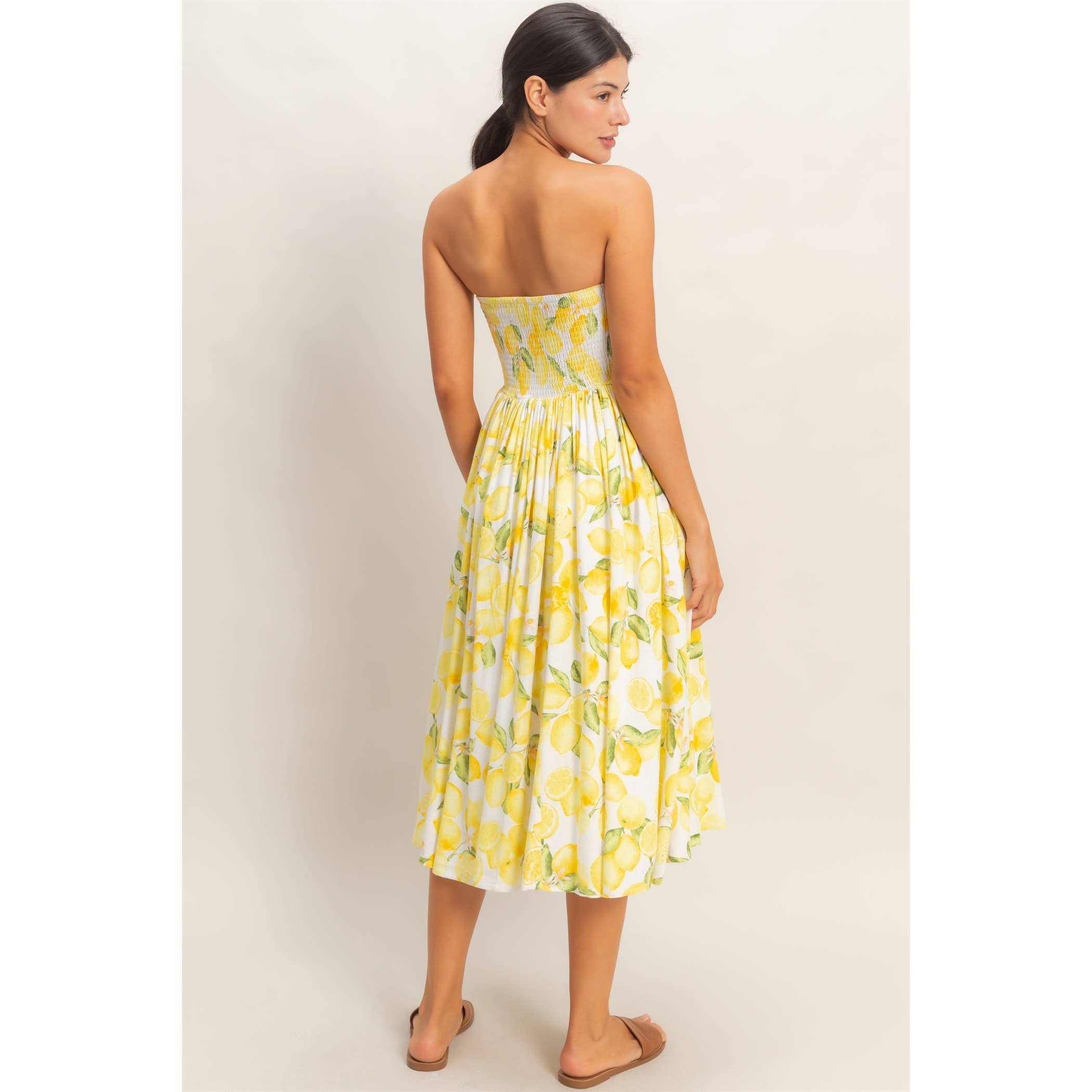 Strapless Lemon-Print Midi Dress