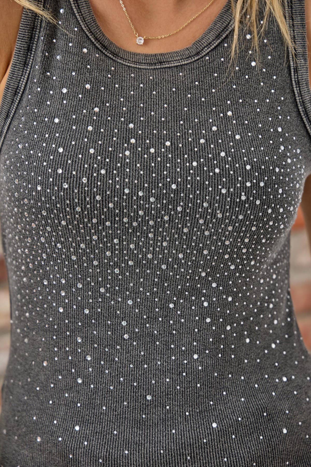 PT3383 Ribbed Rhinestone Embellished Tank Top