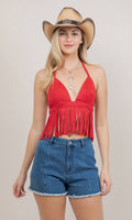 SIT7209A RED SHORT FRINGE FAUX SUEDE HALTER CROP TOP