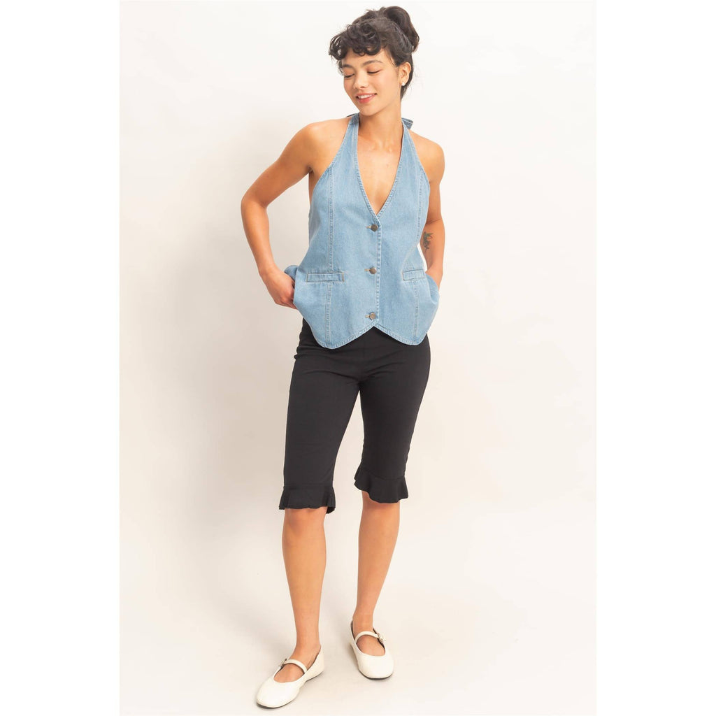 Denim Back Tie Halter Vest