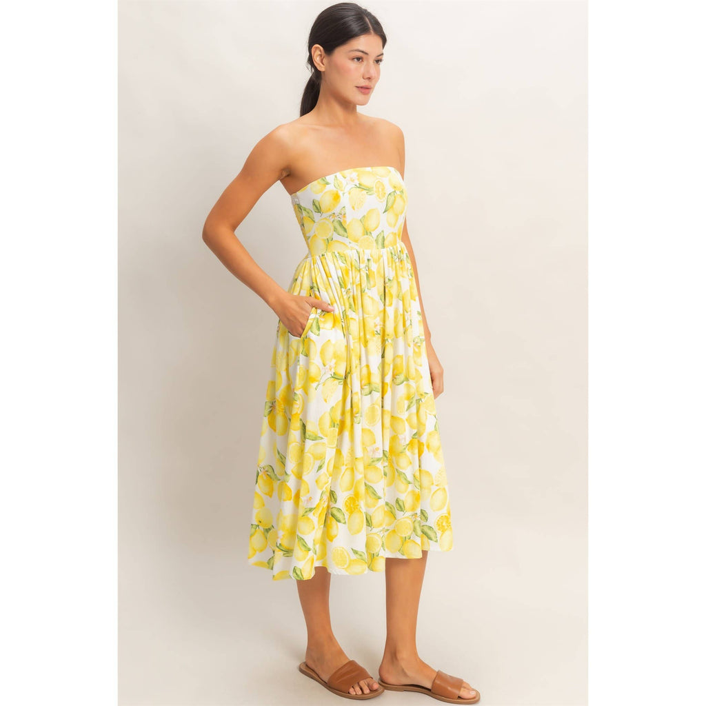Strapless Lemon-Print Midi Dress