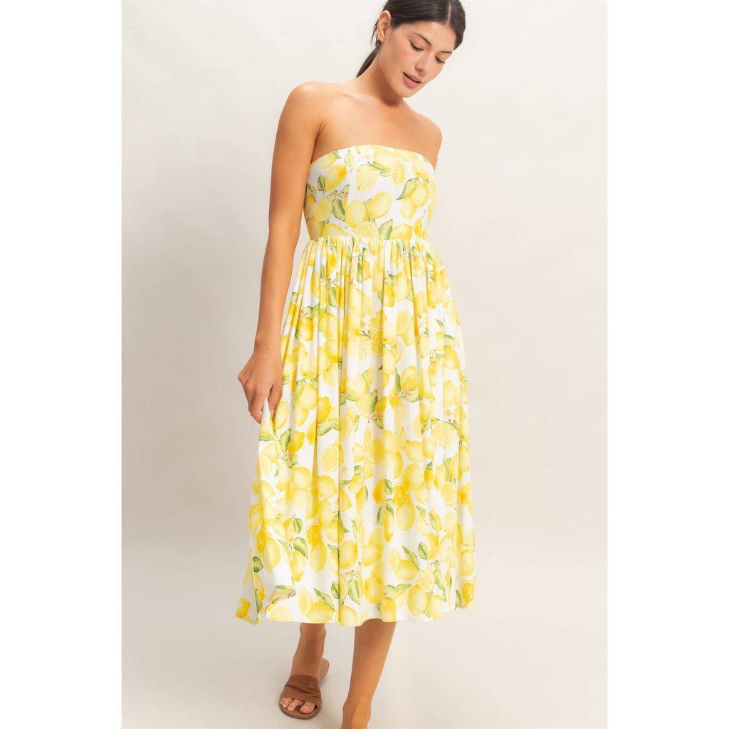 Strapless Lemon-Print Midi Dress