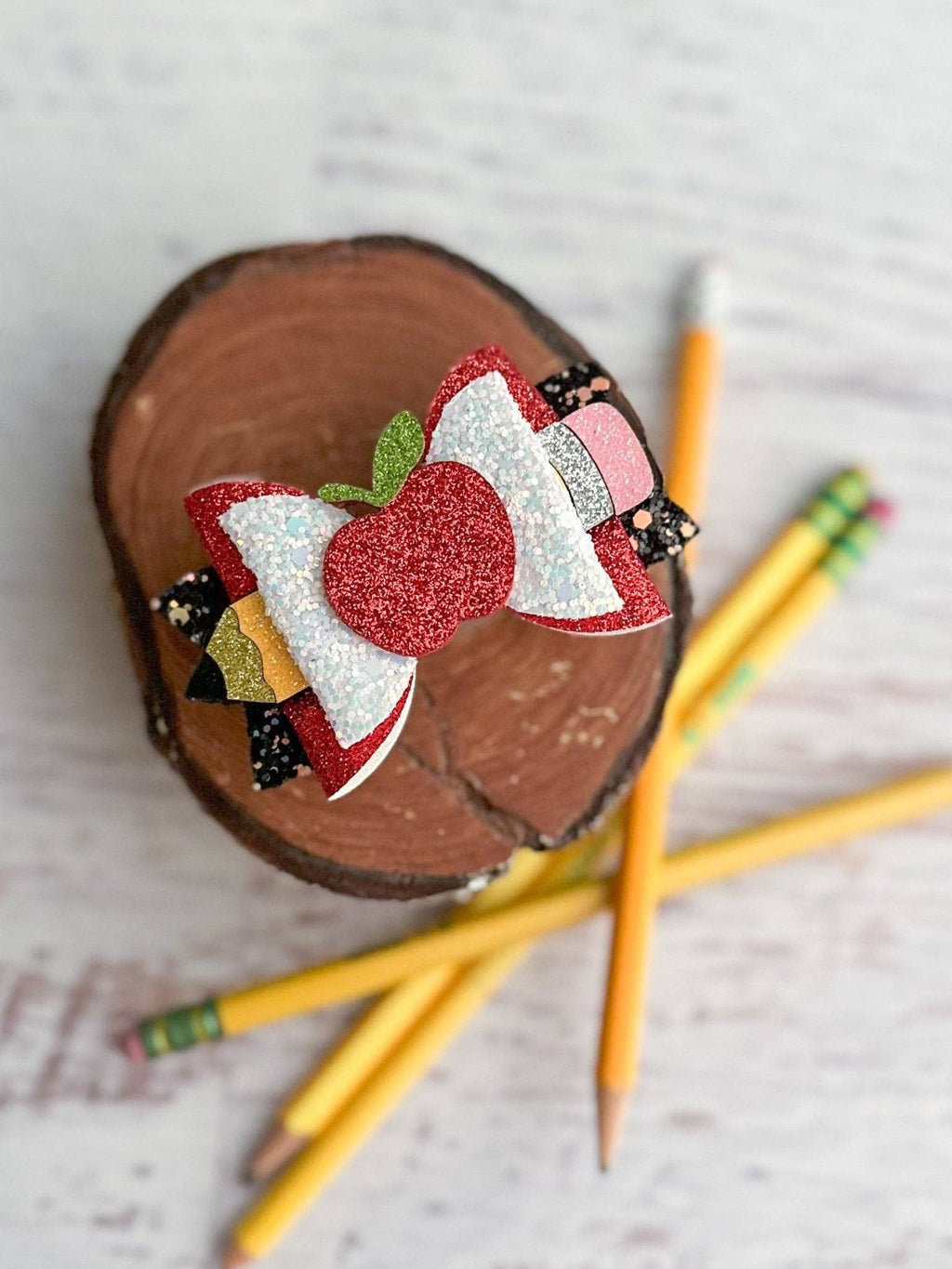Apple & Pencil Glitter Bow Clippie