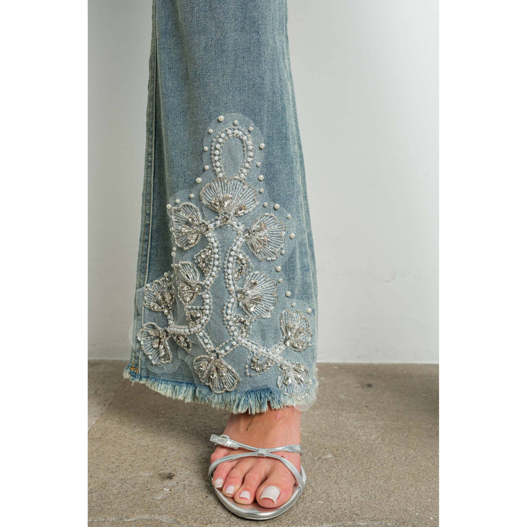 IP3253 Embellished Bell Bottom Stretch Denim Jeans