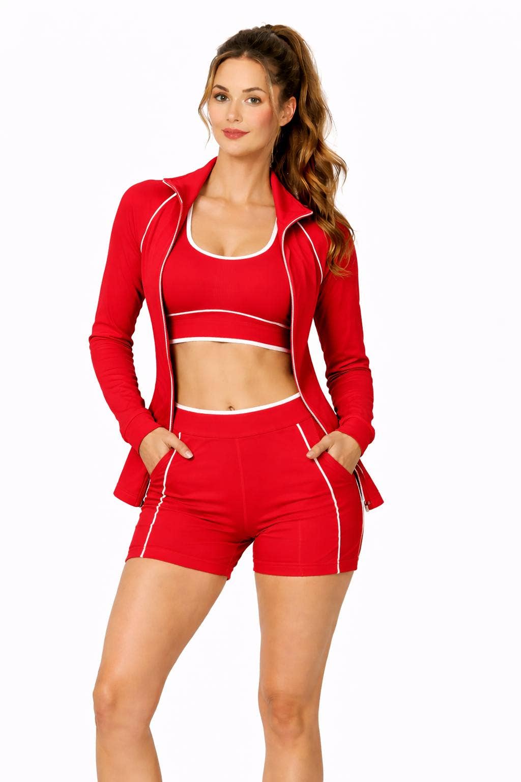 3 pcs activewear set sports bra with shorts with jacket set