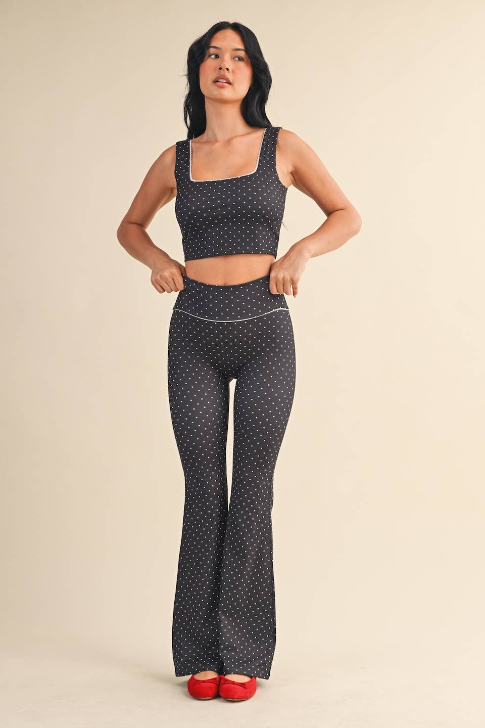 Polka Dot Print Crop Tank with Lace Trim