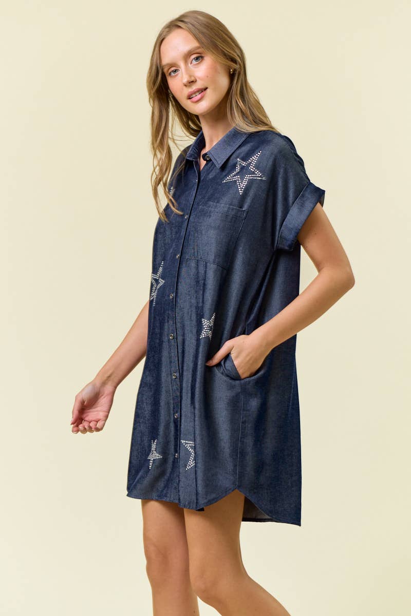 STAR STUDDED TENCEL SHIRT DRESS - 28102D