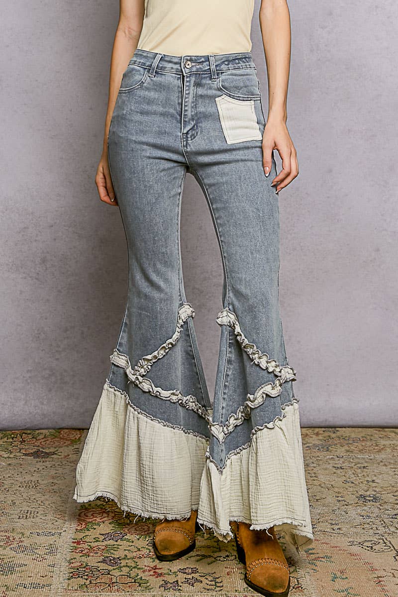 Vintage Washing Solid Double Gauze Ruffle Twill Pants