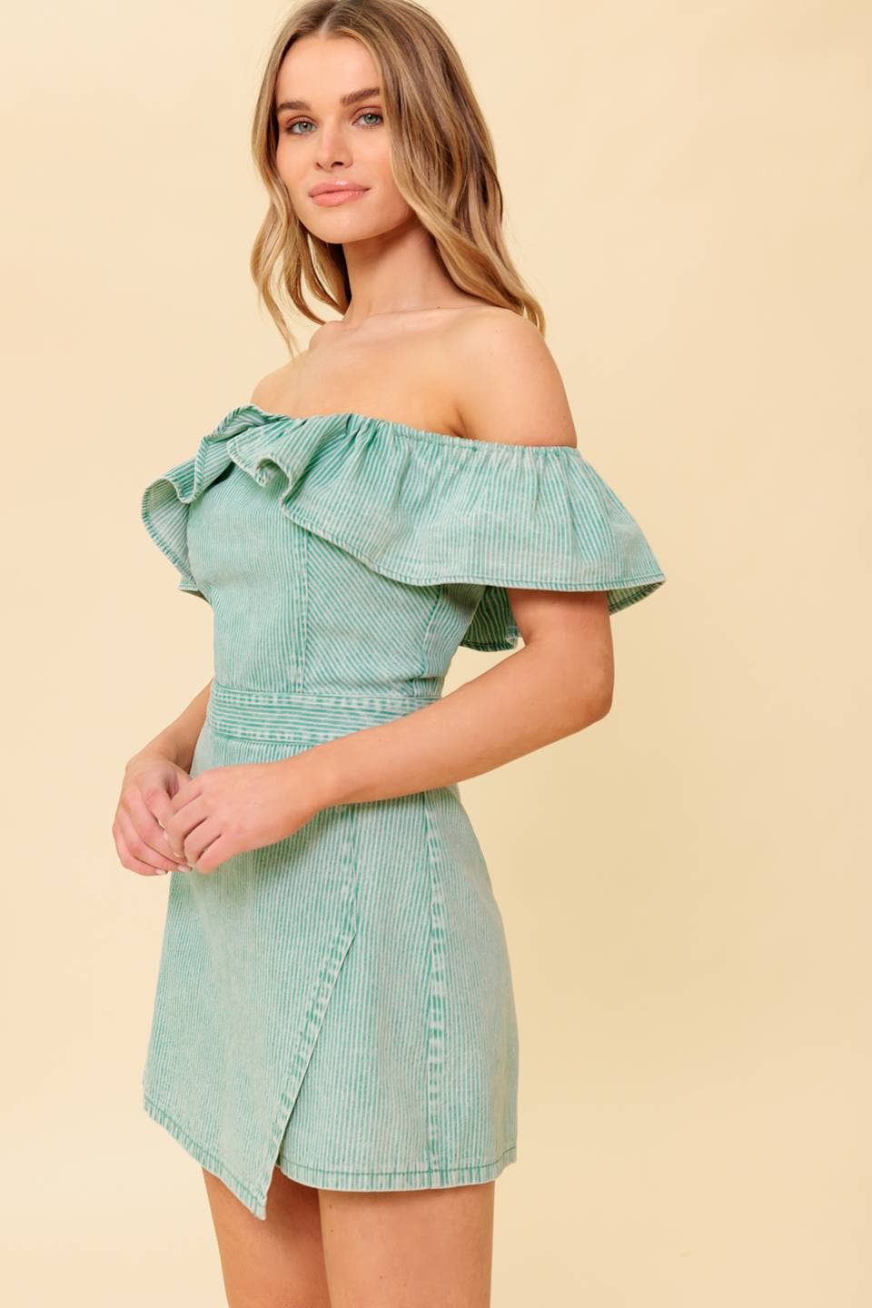 A washed striped woven romper