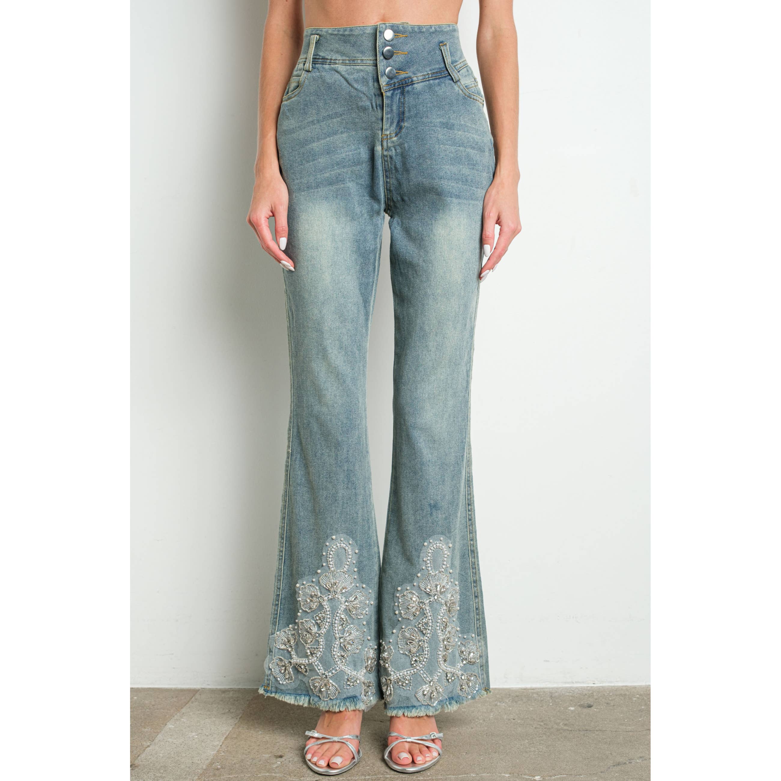 IP3253 Embellished Bell Bottom Stretch Denim Jeans