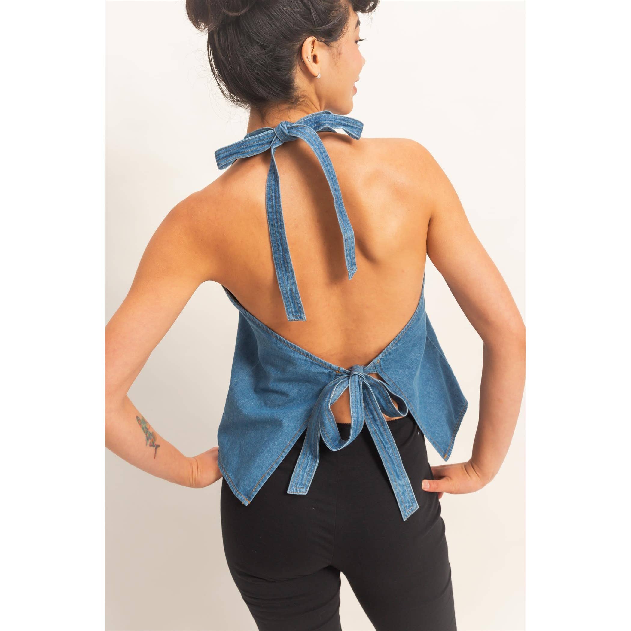 Denim Back Tie Halter Vest