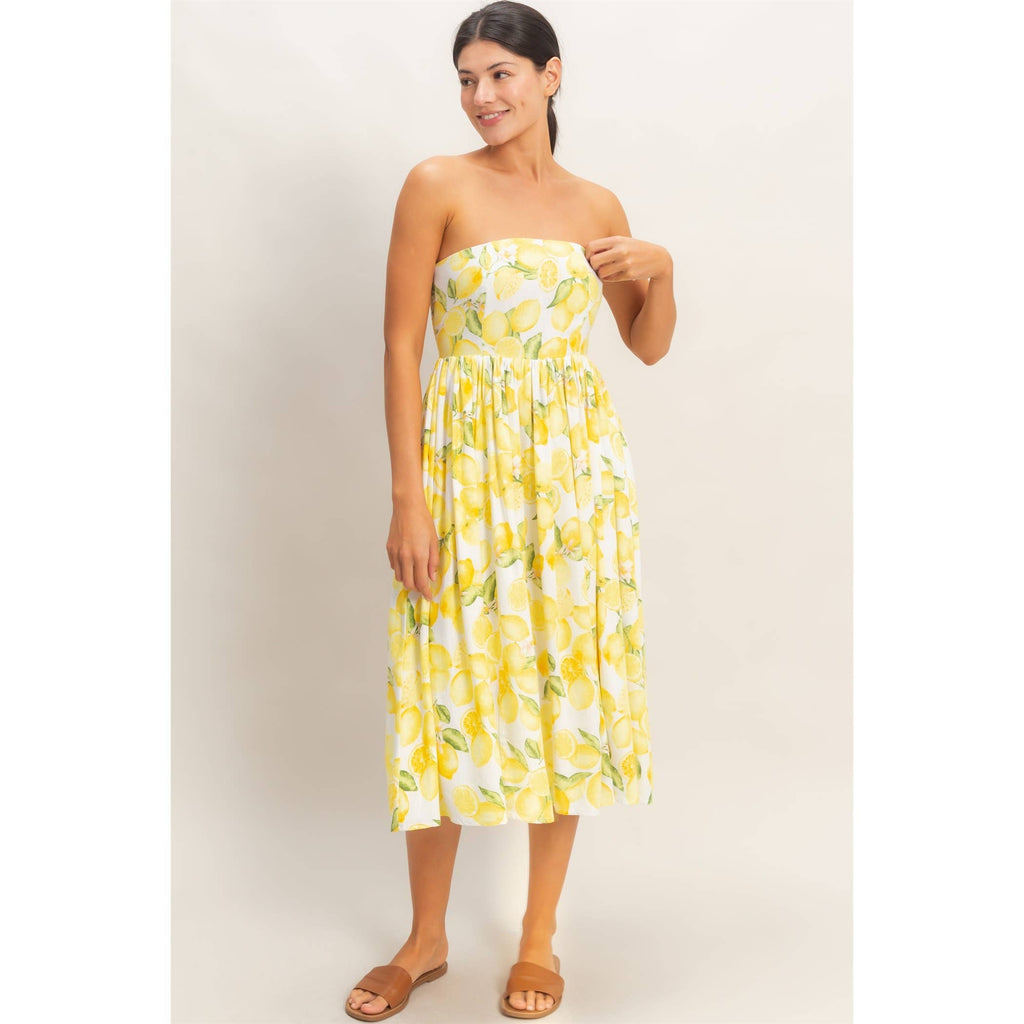 Strapless Lemon-Print Midi Dress
