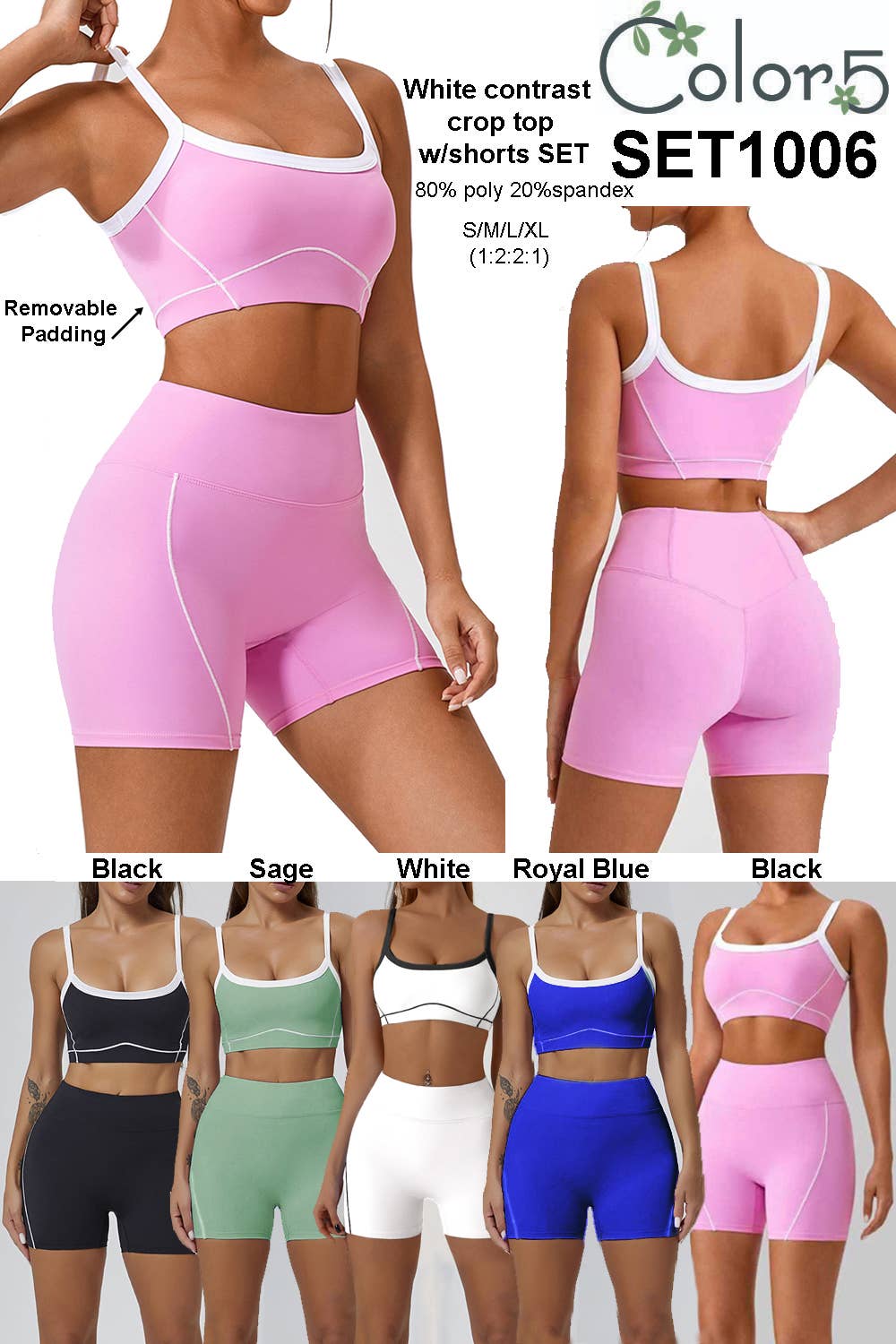 Premium active wear white contrast crop top with shorts set