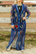 Denim Blue Floral Spur Mesh Button Down Maxi Duster