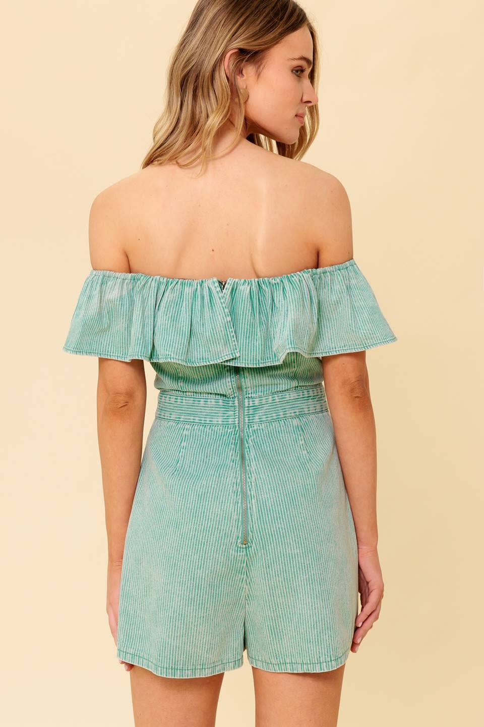 A washed striped woven romper