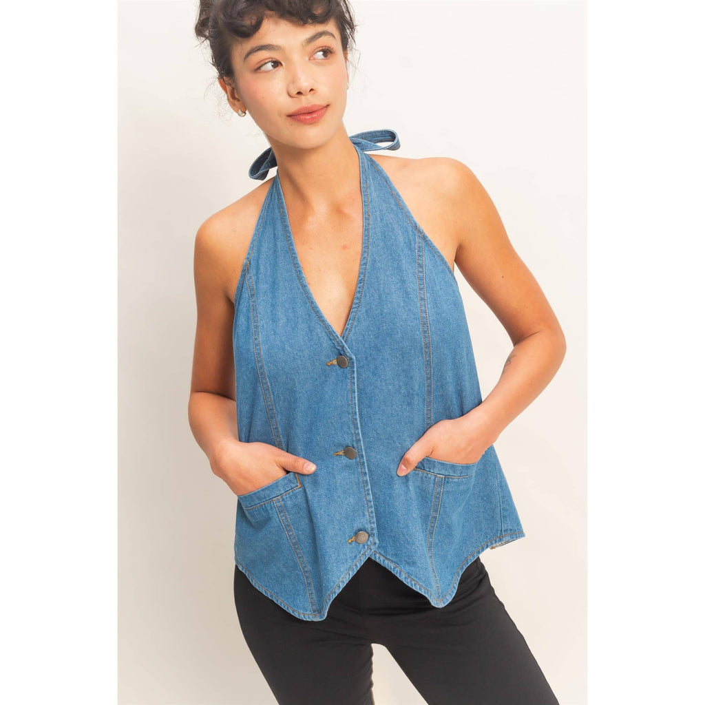Denim Back Tie Halter Vest