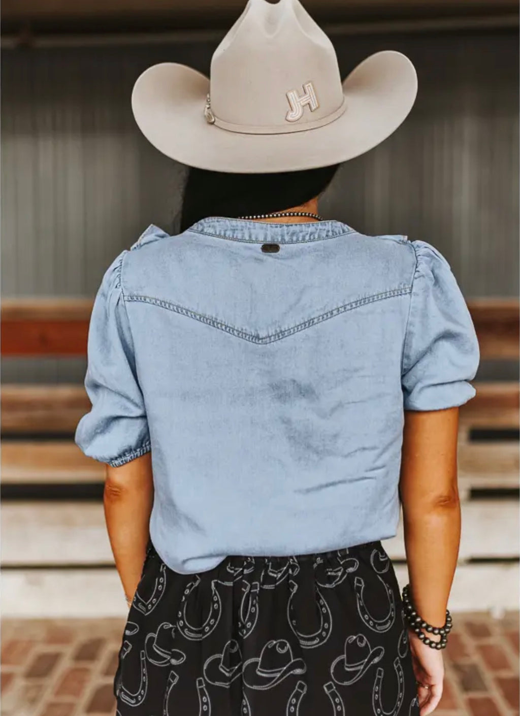 Denim Ruffle Front Top