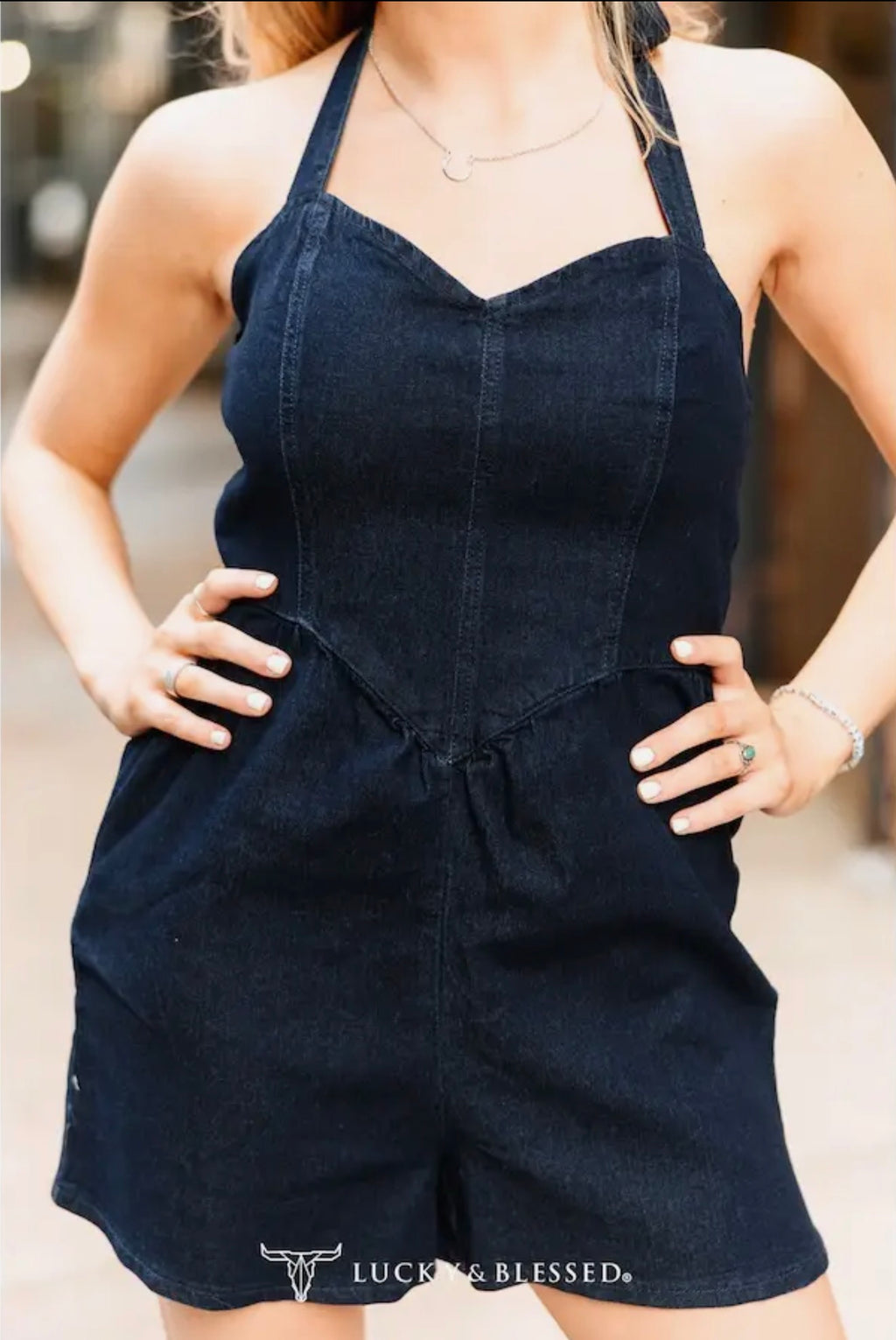 Midnight Denim Halter Romper