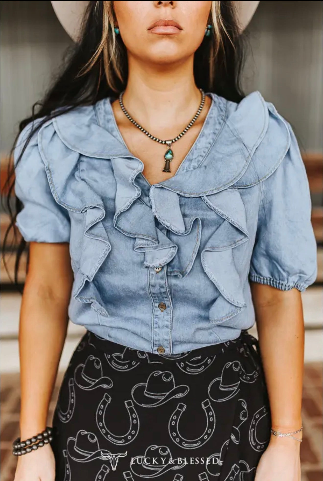 Denim Ruffle Front Top