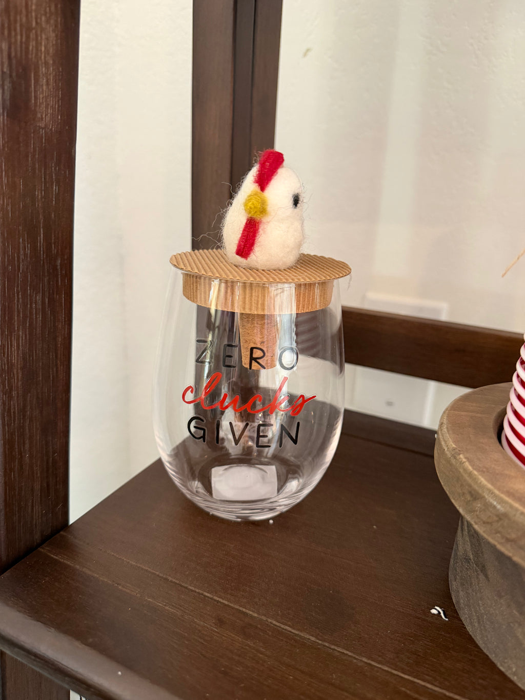 Zero Clucks Given” Stemless Wine Glass with Chicken Bottle Stopper