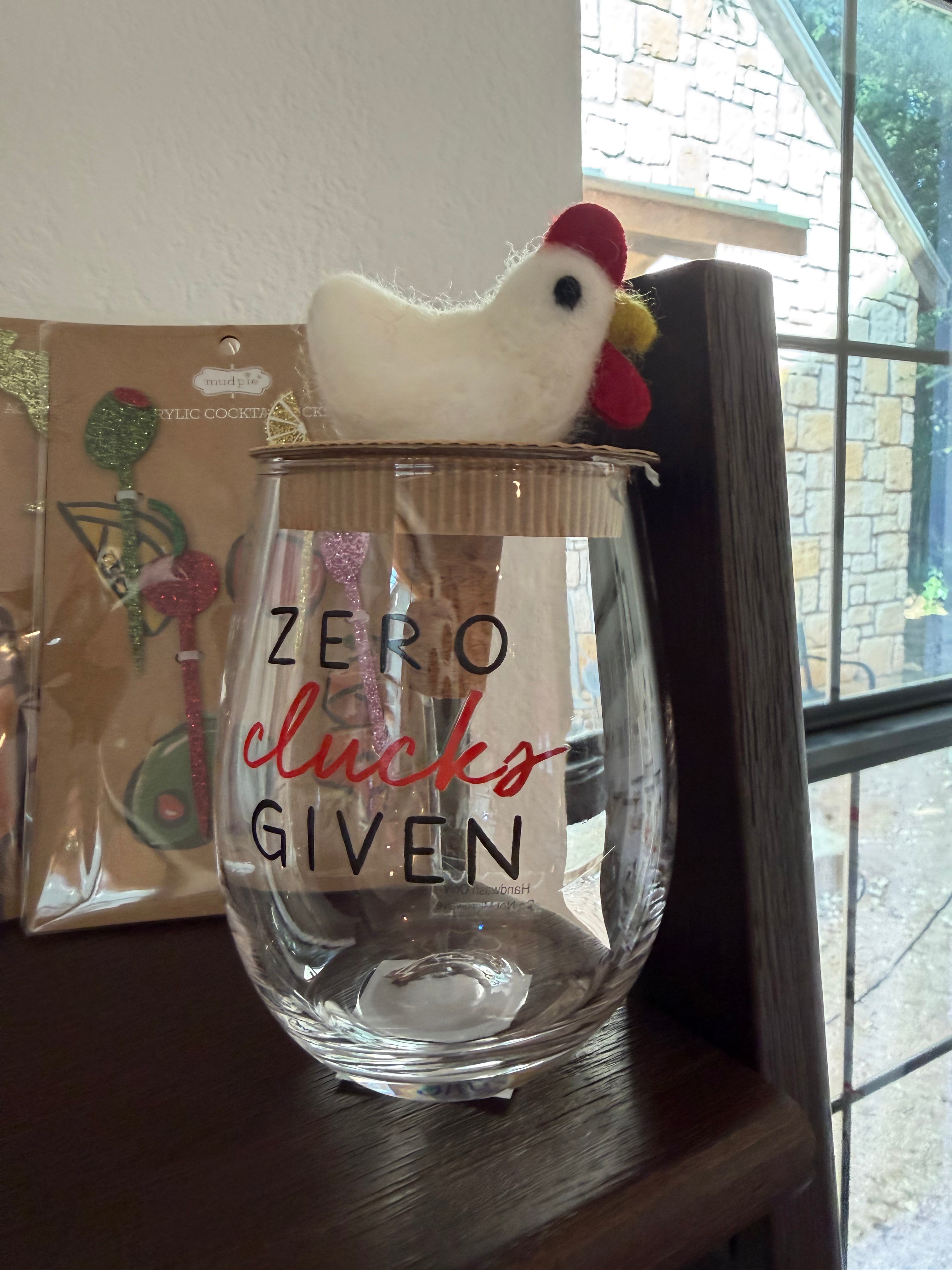 Zero Clucks Given” Stemless Wine Glass with Chicken Bottle Stopper