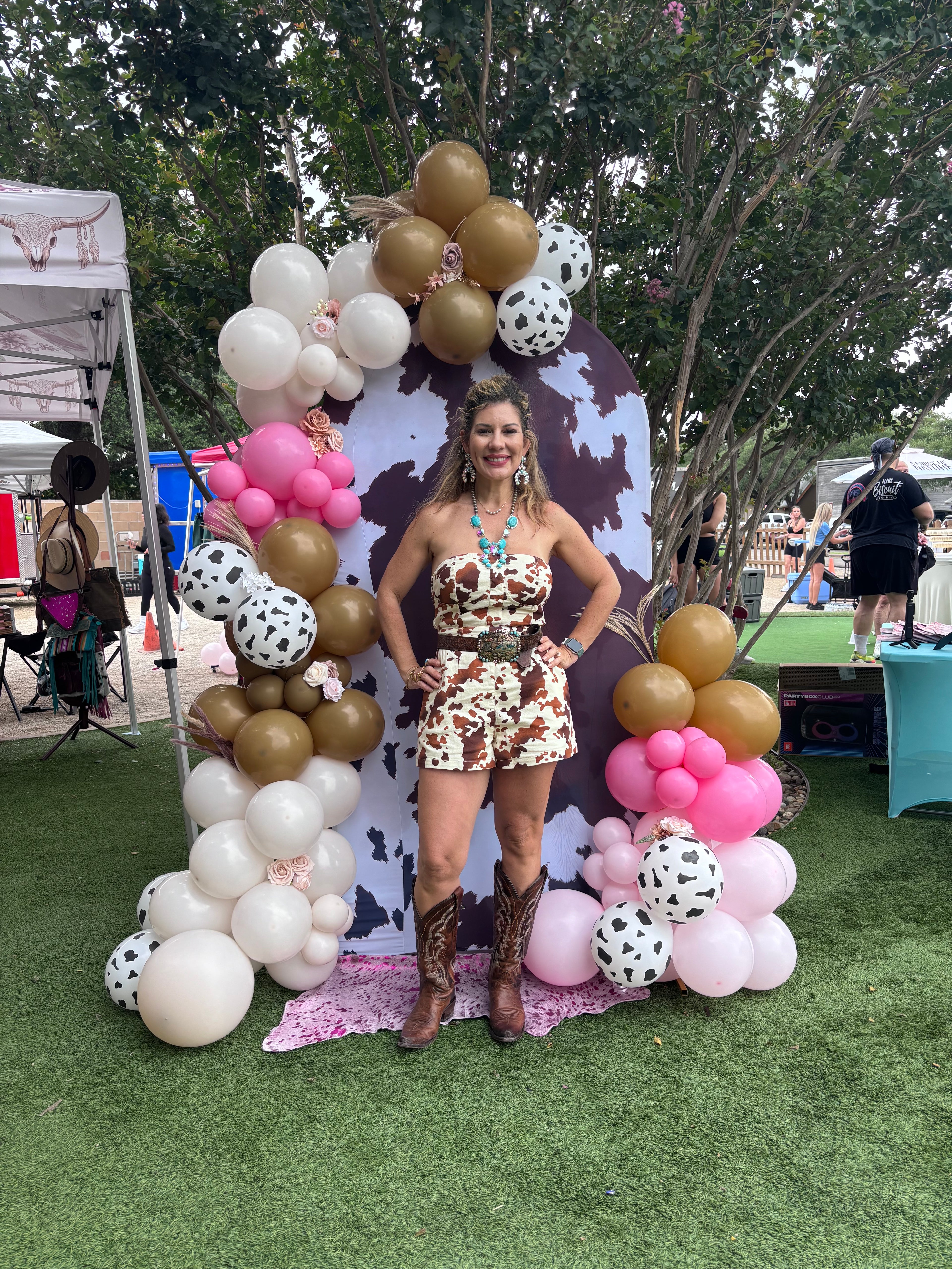 Saddle Up Cow Print Denim Romper