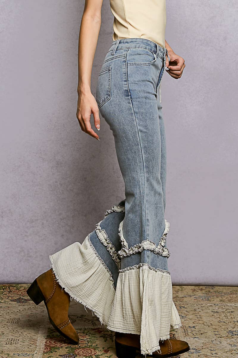 Vintage Washing Solid Double Gauze Ruffle Twill Pants