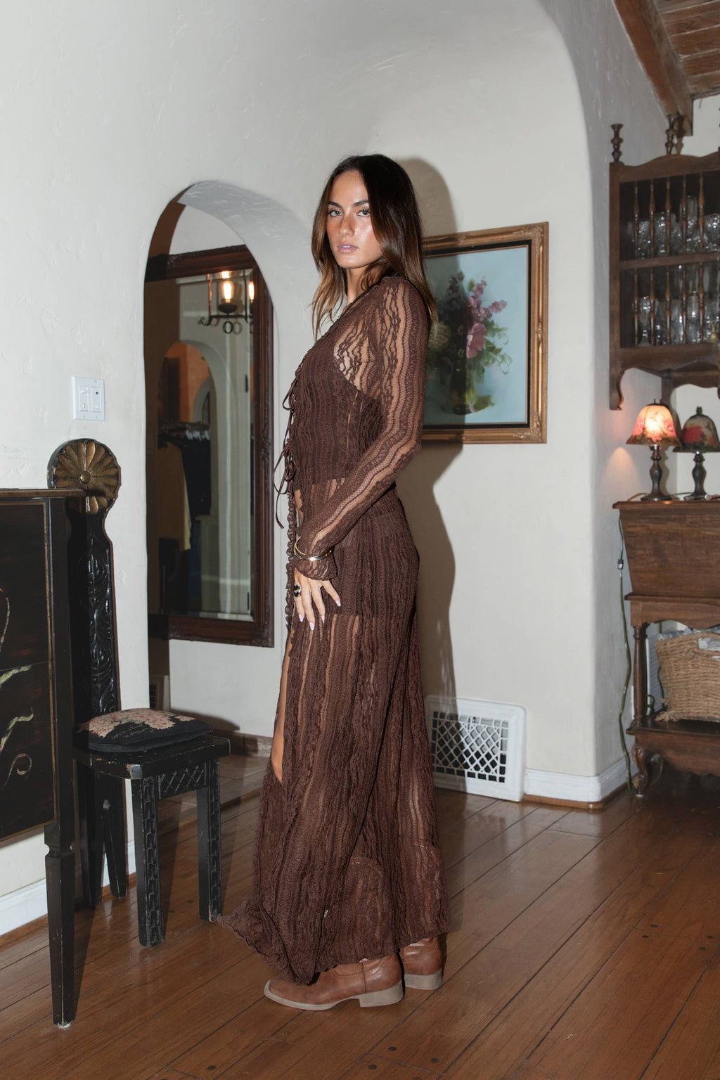 WILDERA Floral Lace Long Sleeve Duster Top Boho Western