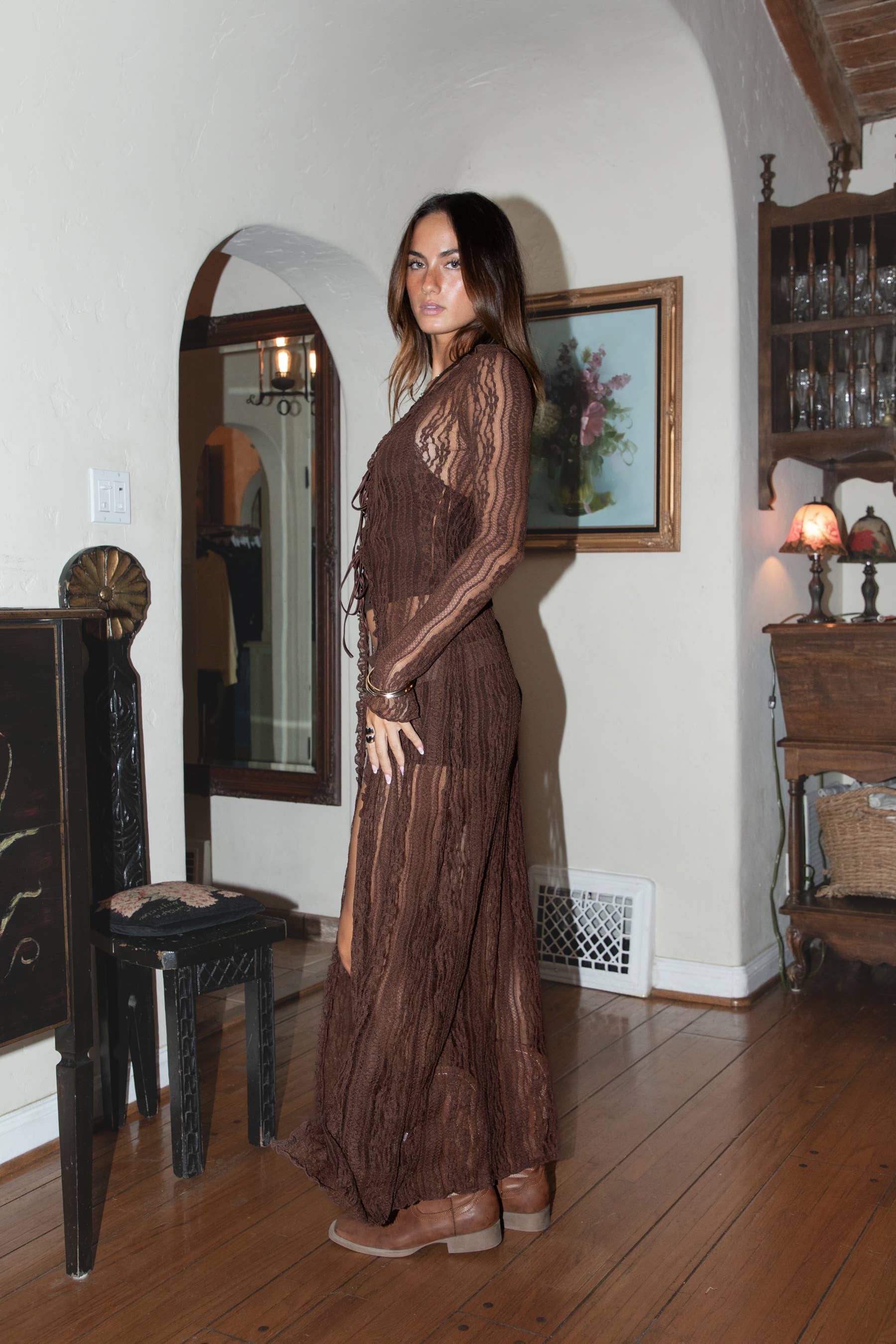 WILDERA Floral Lace Long Sleeve Duster Top Boho Western